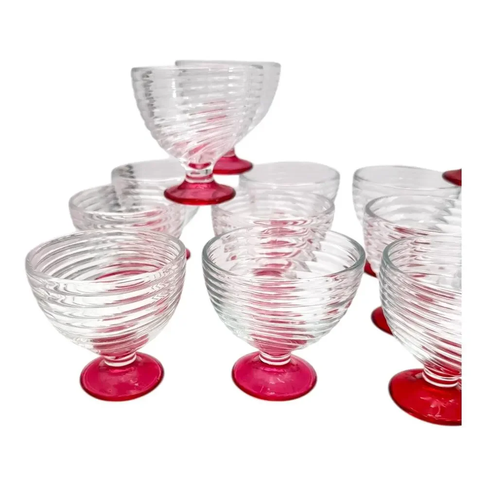 1-Swirl Foot Manhattan Park Ave Depression Dessert Compote‎ Glass Dish Pink/Red